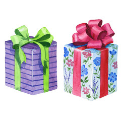 Watercolor birthday gift box illustration. Wrapped gift boxes with a ribbon.