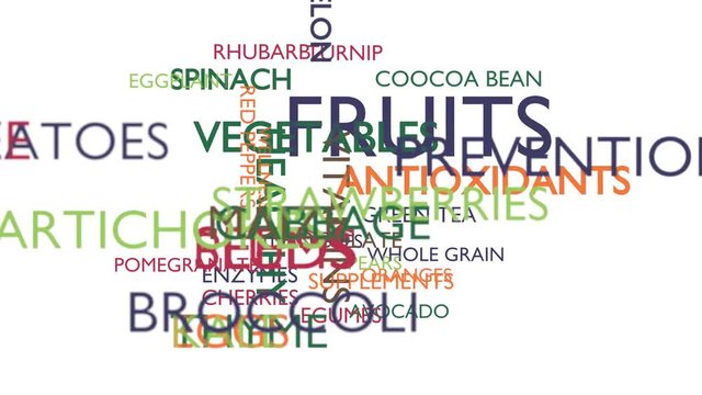 Antioxidants, fruits, vegetables word tag cloud. Loop able, white variant. UHD.