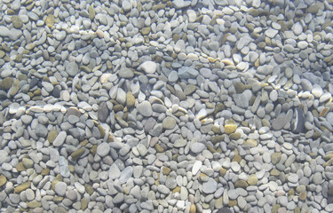 Pebbles on the seabed in clear water. Texture