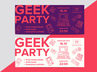 Geek party poster with electronic gadgets from 90s on trendy background. Hipster night club event flyer ad layout with retro and vintage tech devices. Nightclub music invitation banner template.