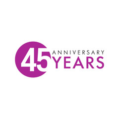 45 years old round logo. Anniversary year of 45 th vector key numbers. Greetings, ribbon, celebrates. Celebrating 4th place, 45th idea. Colored traditional digital logotype of ages or % off.