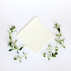 aromatic greeting card for congratulations/ Flat lay of leaves of lavender with a clean patterned card top view