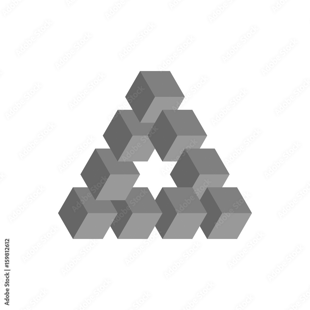 Poster impossible triangle in grey. 3d cubes arranged as geometric optical illusion. reutersvard traingle. 