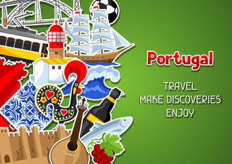 Portugal background with stickers. Portuguese national traditional symbols and objects - obrazy, fototapety, plakaty