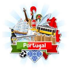Fotobehang Portugal background with stickers. Portuguese national traditional symbols and objects © incomible