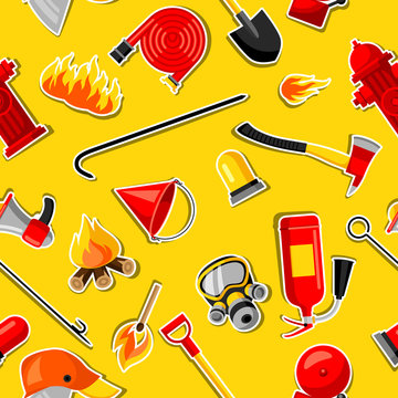 Seamless pattern with firefighting stickers. Fire protection equipment