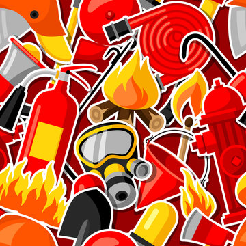 Seamless pattern with firefighting stickers. Fire protection equipment