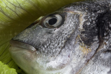 Fresh raw fish on wooden board. Background. From above