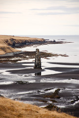 Hvitserkur, black sand, basalt stack, fjord, Iceland