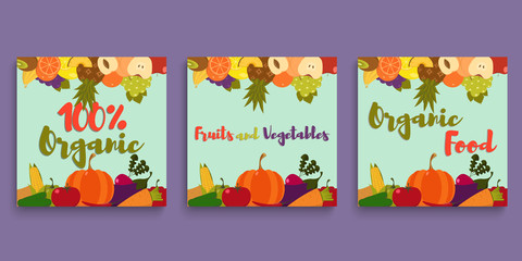 Fruits and vegetables. Fruits and vegetables background. Fruits and vegetables cards. Organic food. Vector illustration.