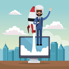 city landscape background star up business man flying in rocket on display computer vector illustration