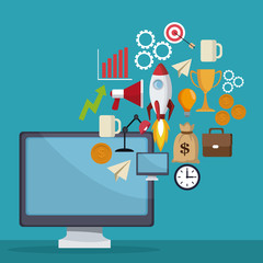 blue color background icons generating ideas coming out to display computer star up vector illustration