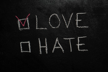 Love or Hate written with white chalk on blackboard