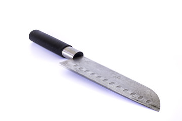 Steel knife and black handle on white background.