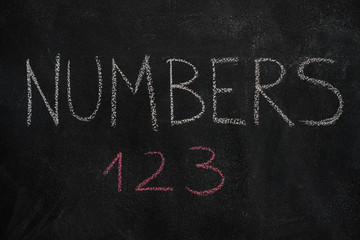 Fototapeta na wymiar Numbers word and 123 written with chalk on blackboard. Education, school concept