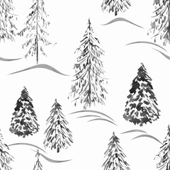 Watercolor seamless winter pattern . Winter forest .