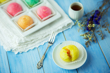 Chinese - Thai dessert Made from flour to Baking heat Mashed golden beans stuffed with salted egg yolk,Chinese festival , Traditional delicious cake in asia.