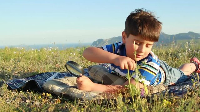 A Child Examines A Flower Through A Magnifying Glass