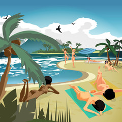 Sea landscape summer private beach. Young nude women sunbathing 