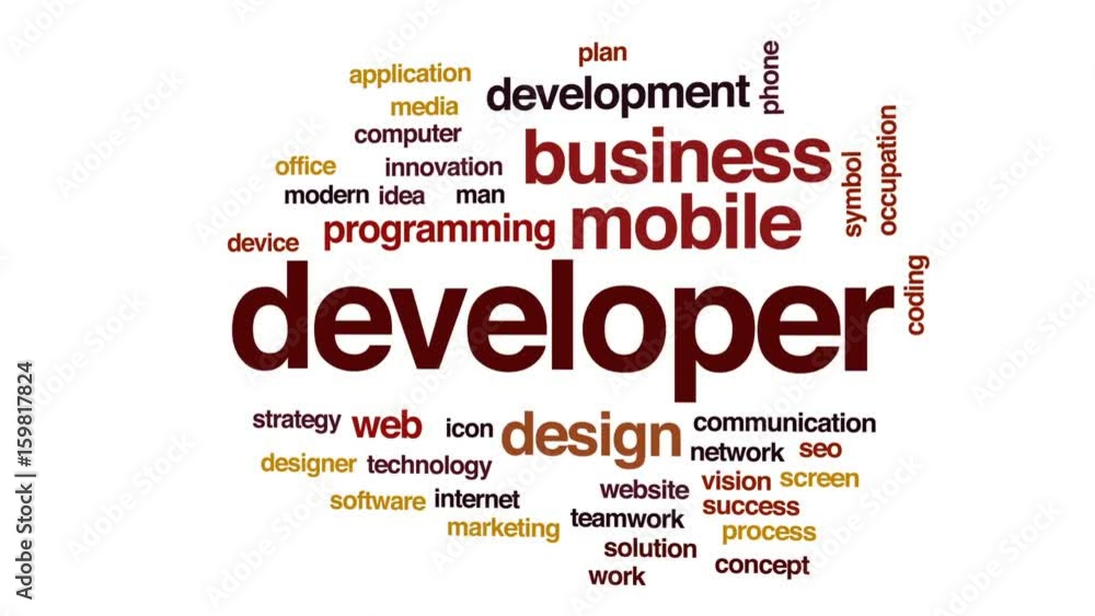 Aufkleber developer animated word cloud, text design animation.