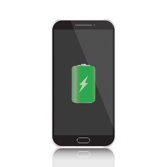 Black smartphone with green full battery icon. Realistic vector illustration