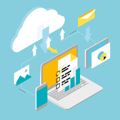 Isometric wireless mobile devices, computer, cloud computing, work with documents and data