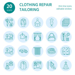 Clothing repair, alterations flat line icons set. Tailor store services - dressmaking, clothes steaming, curtains sewing. Linear signs set, logos for atelier.