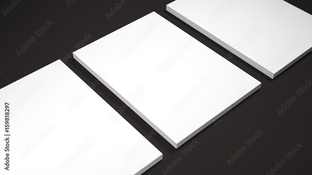 Aufkleber mockup of three white a4 paper sheets on black background. soft shadow. high resolution 3d render.