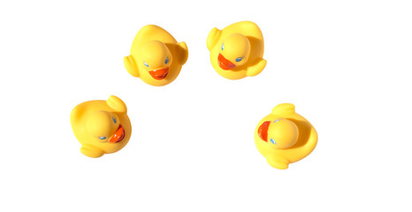 Four yellow toy ducks with orange beaks seen from above while swimming, white background.  