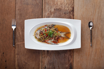White Pomfret Steamed Dish,Ready to eat. On The Table