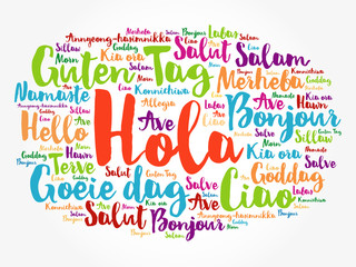 Hola (Hello Greeting in Spanish) word cloud in different languages of the world, background concept © dizain