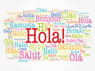 Obraz premium Hola (Hello Greeting in Spanish) word cloud in different languages of the world, background concept