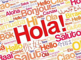 Hola (Hello Greeting in Spanish) word cloud in different languages of the world, background concept © dizain