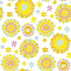 Concept decorative Marigold flower 60s style background. floral vector seamless pattern for surface design, fabric, wrapping paper.