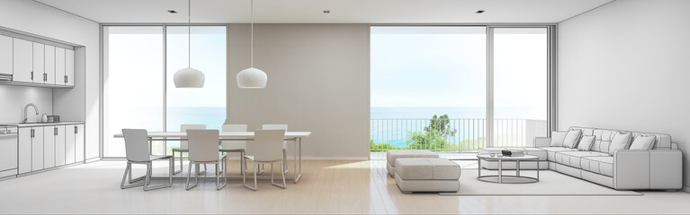 Sea view kitchen, dining and living room of luxury beach house, Sketch design of modern vacation home for big family - Interior 3d rendering