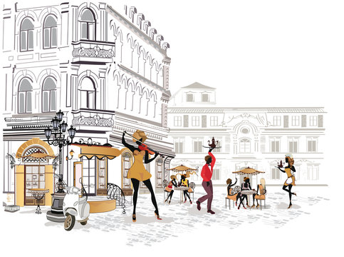Series of street views in the old city. Street musicians and dancers.  Hand drawn vector architectural background with historic buildings. 
