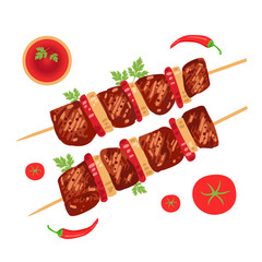Shish kebab on skewers with onions and tomatoes. Vector illustration.