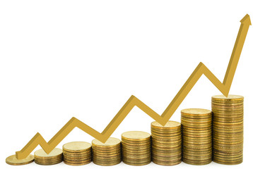 One dollar coins arranged as a graph with gold arrow indicates economic upturn isolated on white background, concept of business growth and finance 
