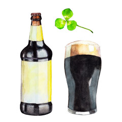 Set with bottle, glass of dark beer and the clover, watercolor illustration in hand-drawn style for St. Patrick's Day, isolated on white background.