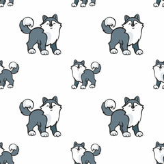 Children's seamless pattern in cartoon style with cute husky dogs. Vector background.