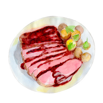 The roast beef with potatoes on dish, watercolor illustration in hand-drawn style isolated on white background.