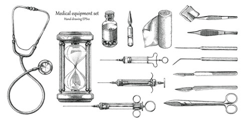 Medical equipment set hand drawing vintage style - obrazy, fototapety, plakaty