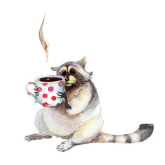 Raccoon with mug, animal character isolated on white background watercolor illustration.