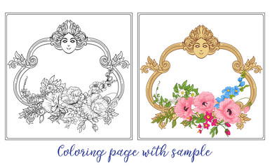 Set or outline and colored summer flowers bouquet of poppy, daff