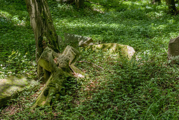 Rickety cross on the abandoned cemetery in the woods in Ukraine