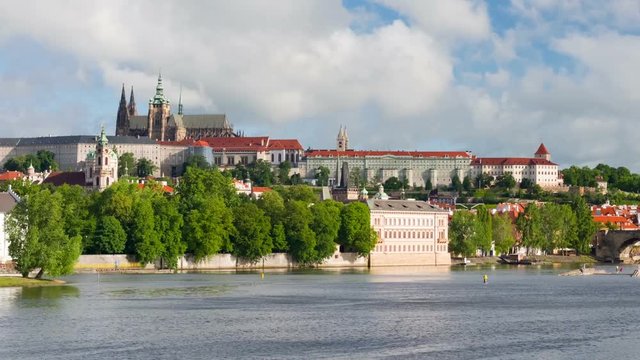 Zoom out timelapse of Prague and Vltava river in a spring day