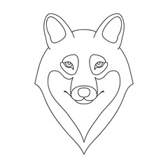Isolated black outline head of wolf on white background. Line cartoon portrait.