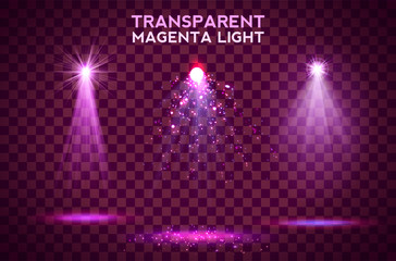 Transparent magenta lighy effects on a dark background. Spotlights, flare, explosion and stars.