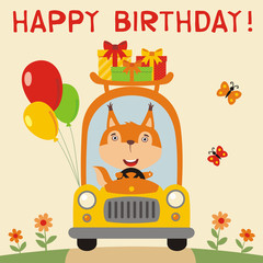 Obraz na płótnie Canvas Happy birthday! Funny squirrel rides in car with birthday gifts and balloons. Birthday card with squirrel in cartoon style.