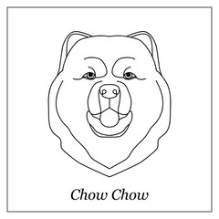 Isolated black outline head of chow chow on white background. Line cartoon breed dog portrait.